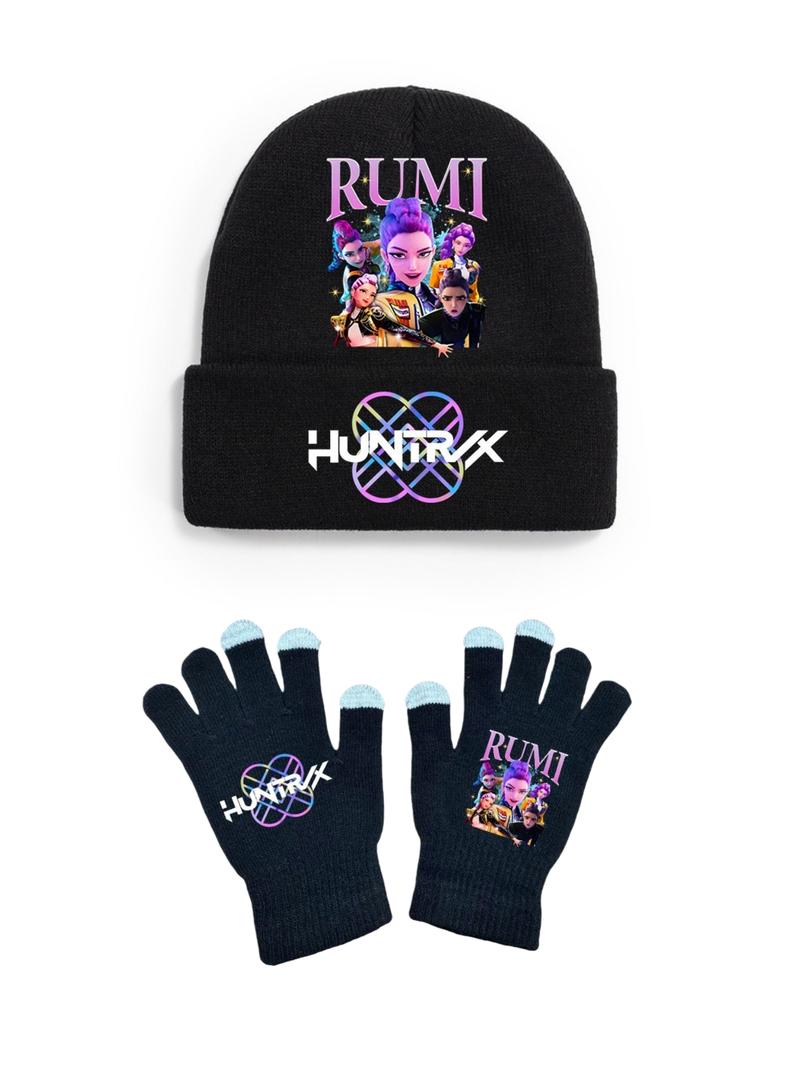 Fashionable Hat & Glove Set for Autumn Winter, Creative Anime Girl Kpop Hunter Series, Unisex Knitted Cap, Christmas Gift Idea