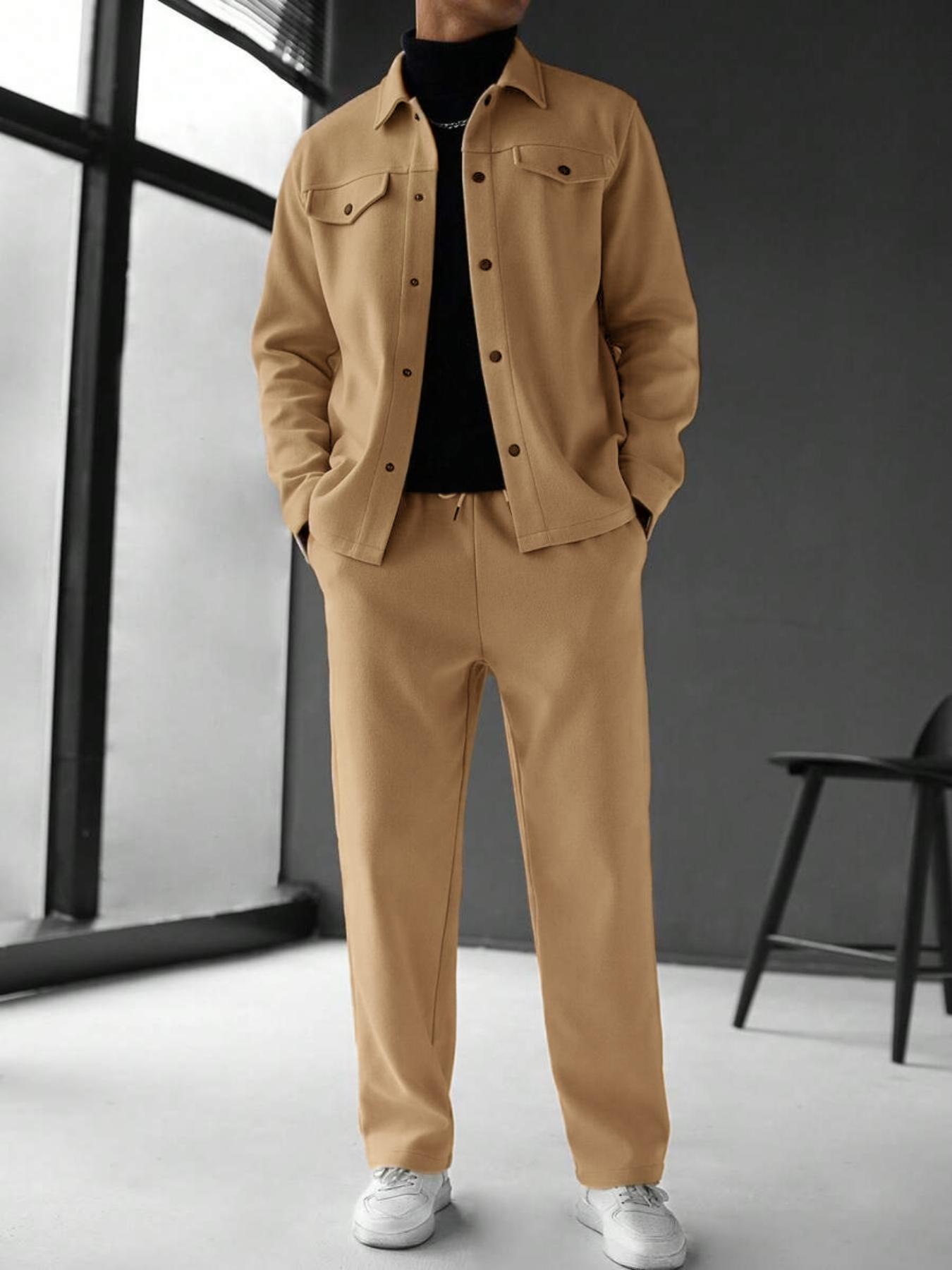 Men's Solid Color Pocket Jacket and Belt Waist Pants Sport Suit Regular Version Mature Business Style, Long Sleeve Jacket Collar Coat and Pocket Long Pants, Men's and Winter Sportswear, Sport Leisure Suit Casual Sportswear, Casual Suit Set
