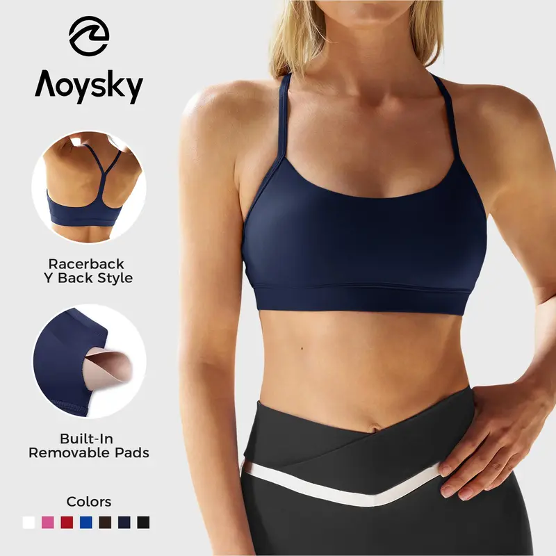 Aoysky Women's Plain Lightweight Supportive Gym Bra - Padded, Wireless, Polyamide Blend, Criss-Cross Racerback Scoop Neck Workout Bra for Low-Impact Yoga Running