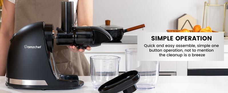 Masticating Juicer Machines, AMZCHEF Slow Cold Press Juicer with Reverse Function, High Juice Yield, Easy Clean with Brush,Recipes for High Nutrient Fruits and Vegetables