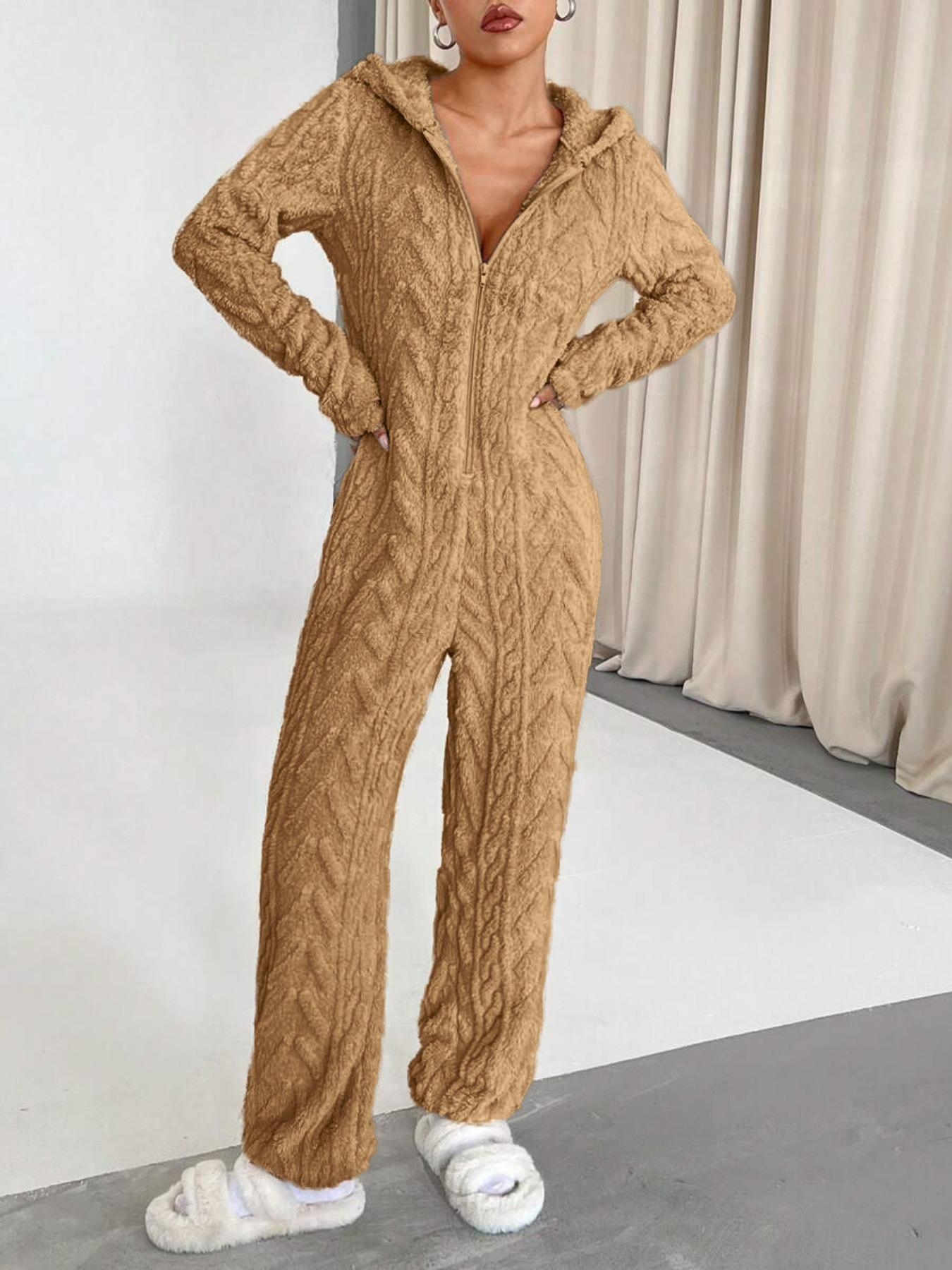 Elegant Chic Women's Solid Color Wool Hooded Long Sleeve Deep V Sexy Jumpsuit, Slim-Fit Contemporary Style for All Seasons