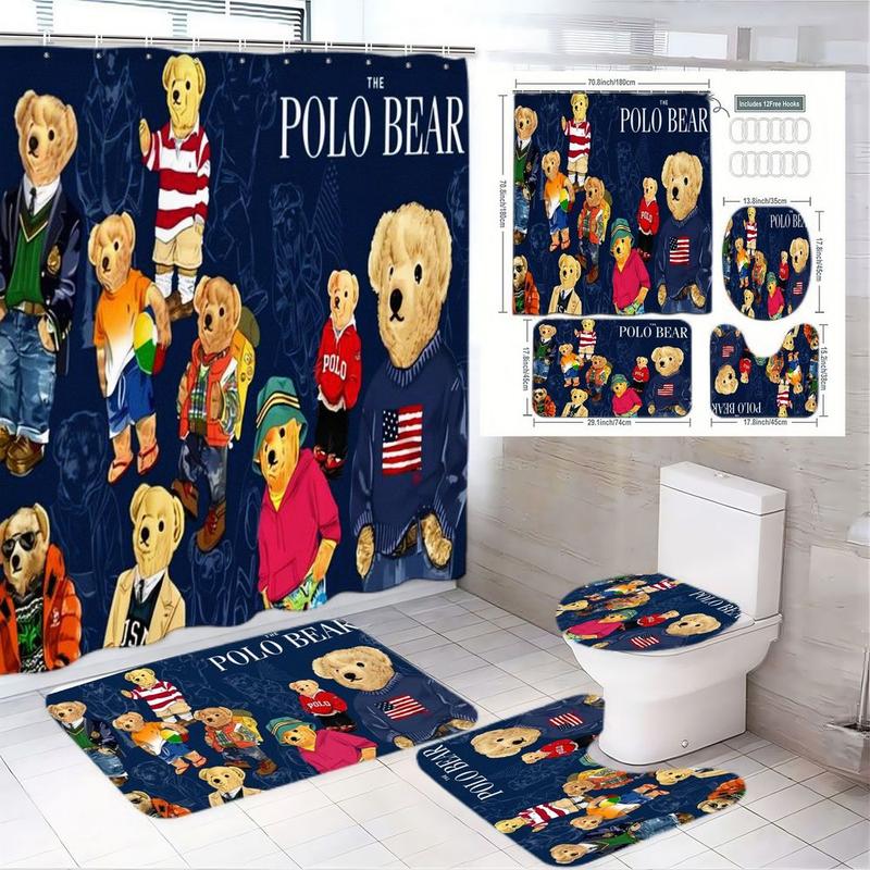 1/4pcs The Polo Bear Bathroom Set - Dark Blue Shower Curtain with Bear Illustrations (Striped Shirts, Casual Attire), Matching Toilet Seat Cover & Bath Mat, Home Decor for Playful Themed Bathrooms, Shower Curtain Sets 1/4pcs The Polo Bear Bathroom Set - Dark Blue Shower Curtain with Bear Illustrations (Striped Shirts, Casual Attire), Matching Toilet Seat Cover & Bath Mat, Home Decor for Playful Themed Bathrooms, Shower Curtain Sets