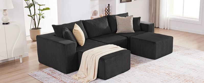 【2/3 packages shipping】107.4" Cloud Couch Sectional, Modular Sofa with Deep Seat, Plush Corduroy L Shaped Boneless Couch, Convertible Sectional Couches for Living Room, 4Seat