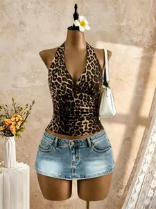 European and American Leopard Print Tank Top, Casual Fitted Sleeveless Vest, Plain Surface Unlined Design, Ideal for Spring Summer Autumn