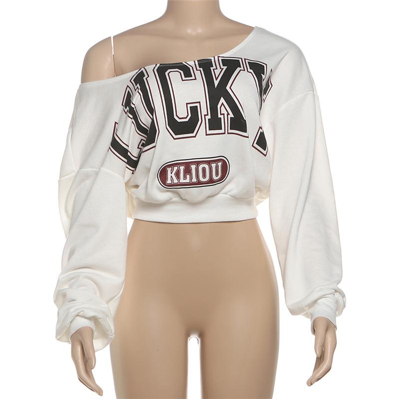 DOUCIU  Trendy Personality High Street Cool Hip-Hop Casual Streetwear Versatile Womenswear Women'S Letter Printing Cross-Shoulder Long Sleeves Short Crop-top T-Shirt