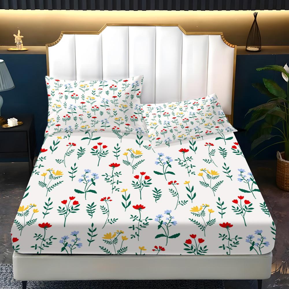 Three pieces with small floral patterns in the three primary colors  Print Fitted Sheet Set (1 Fitted Sheet + 2 Pillowcases), Casual Style, High-Quality Bedding for Bedroom or Guest Room