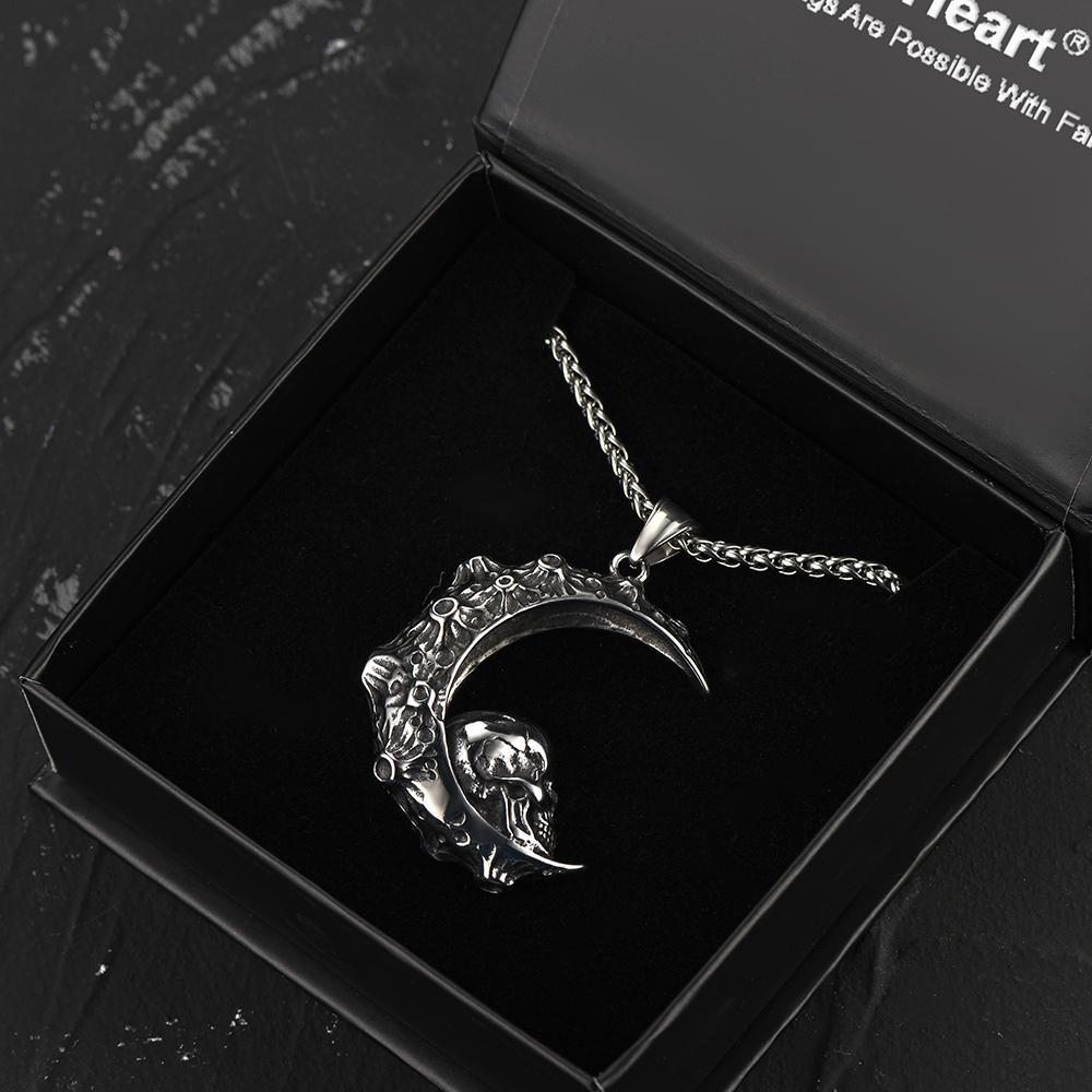 FaithHeart Crescent Moon Skull Necklace Stainless Steel Gothic Necklace