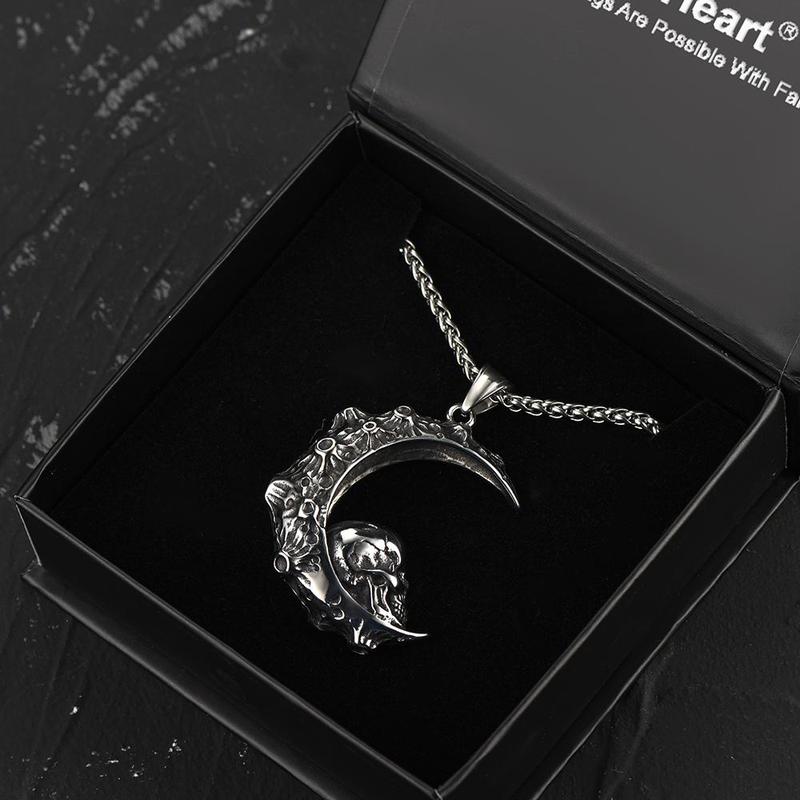FaithHeart Crescent Moon Skull Necklace Stainless Steel Gothic Necklace