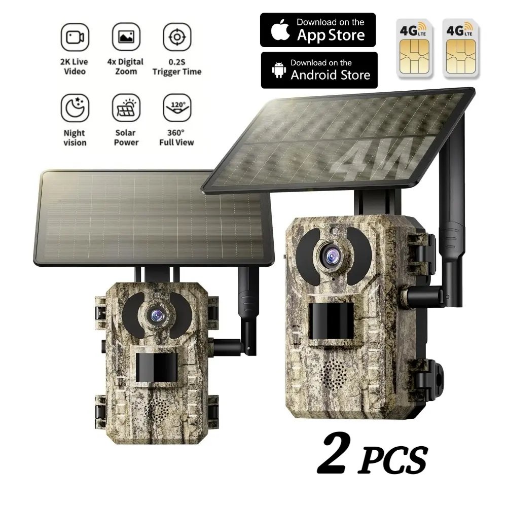 GMOX 4G LTE Solar Trail Camera for Hunting, 48MP 2K Live Feed, 0.1s Fast PIR Trigger, Low-Glow Night Vision, IP66 Waterproof, APP Remote Control, Built-in data Cellular Card (No WiFi) power cord