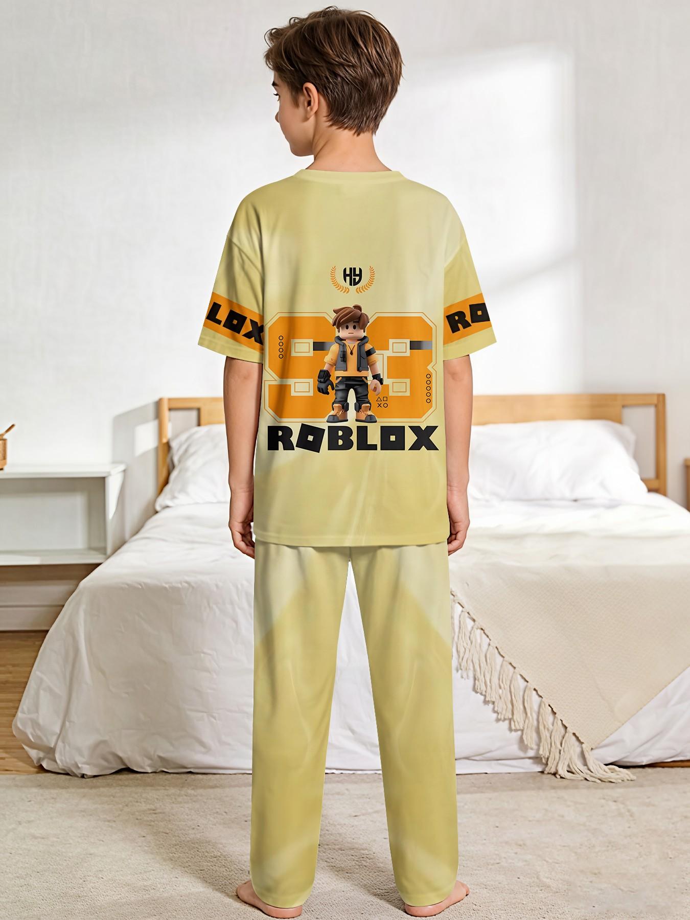 Square Boy Trendy 2-Piece Set - Boys' Digital Print Short-Sleeve Pajamas with Extended Sleep Pants, Stylish, Casual, Comfortable and Soft Pajama Set, Suitable for Boys' Sleep and Home Leisure, Perfect Gift for Boys