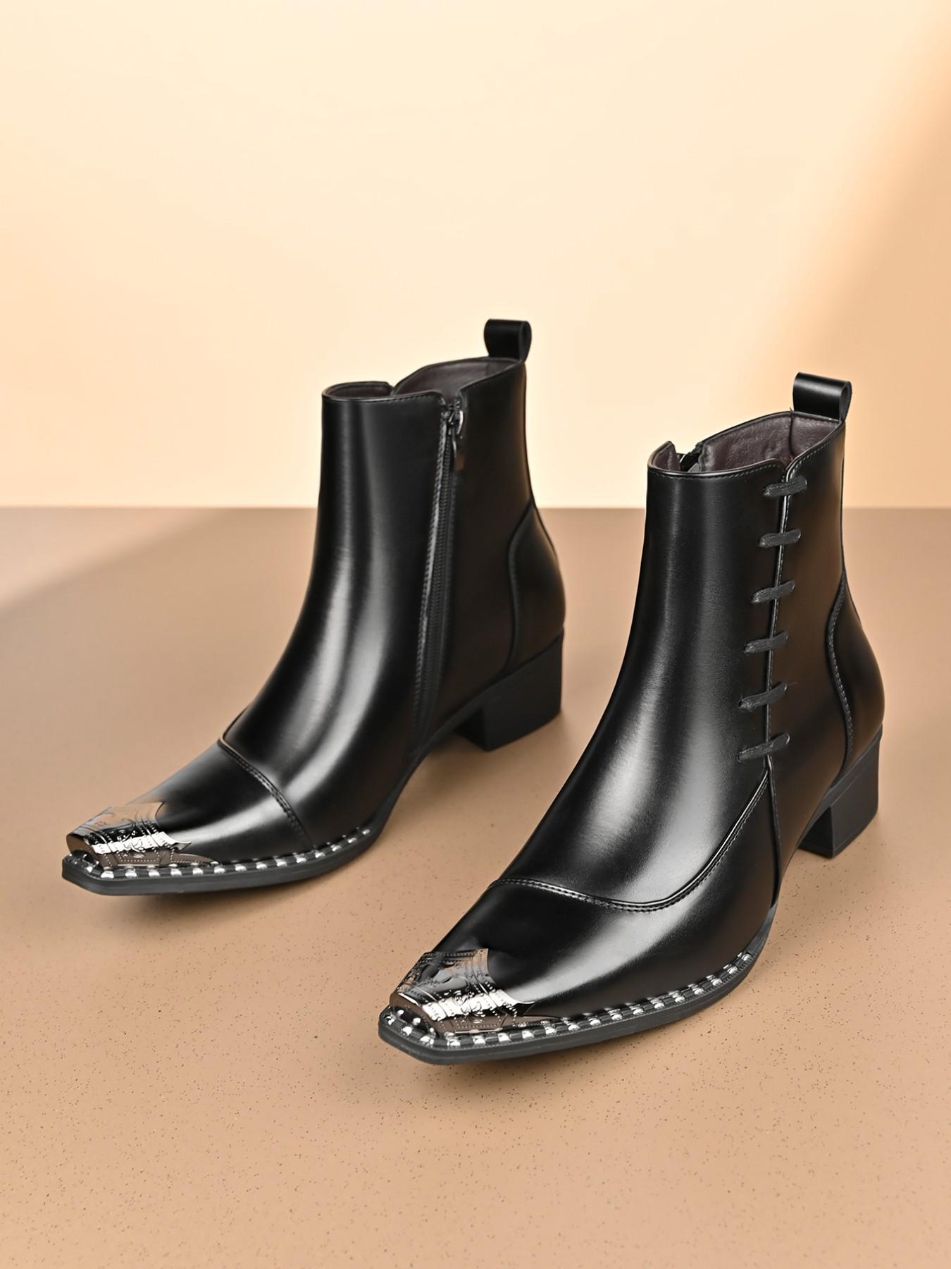 Men's British Style High Heel Pointed Toe Short Boots, Business Casual Fashion Low Heel Rubber Sole, Office Daily Wear