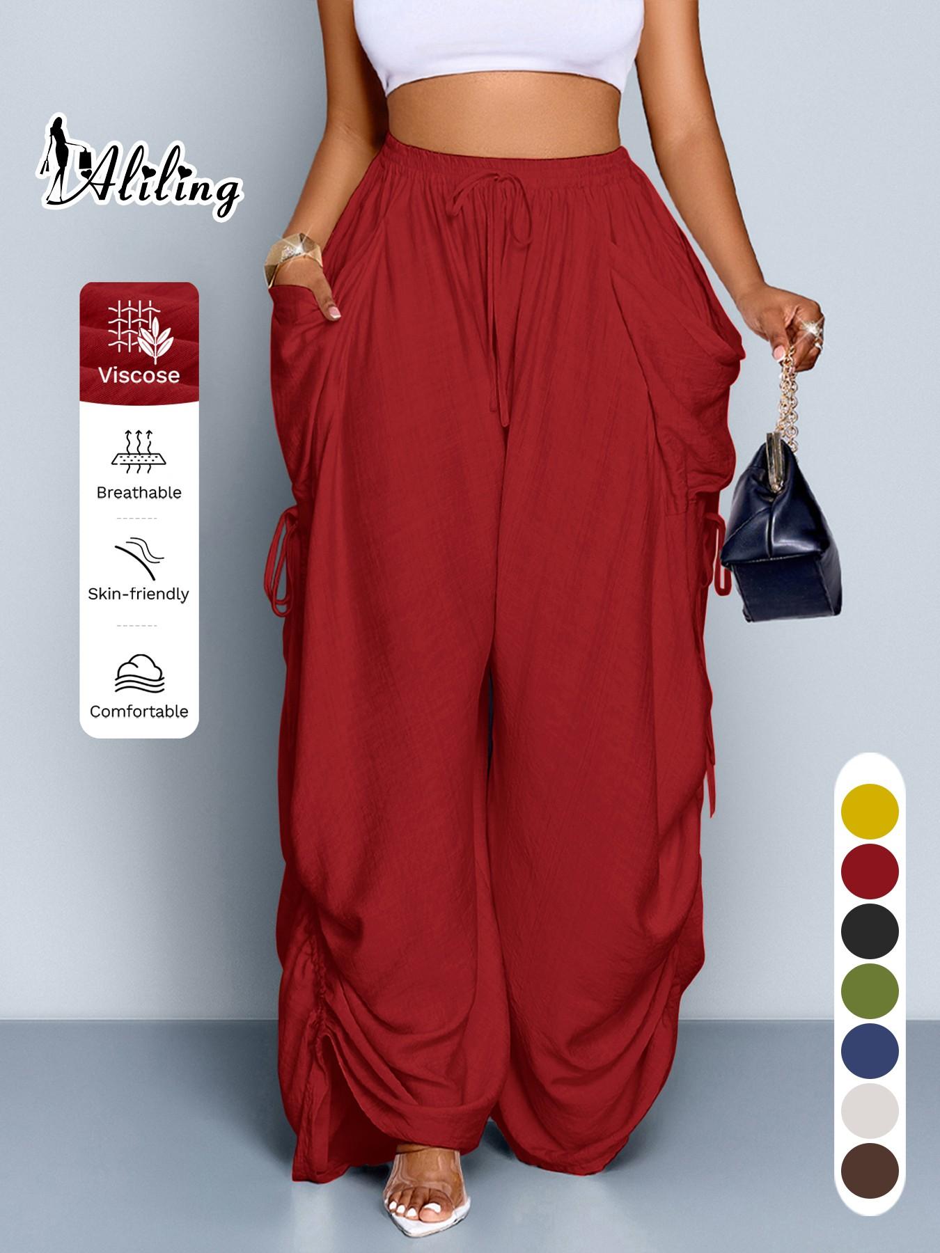 Aliling Women's Summer Casual Basic Solid Color High-Waisted Wide-Leg Bottom Pants, Adjustable Drawstring Side Regular Fit Pants for All Seasons