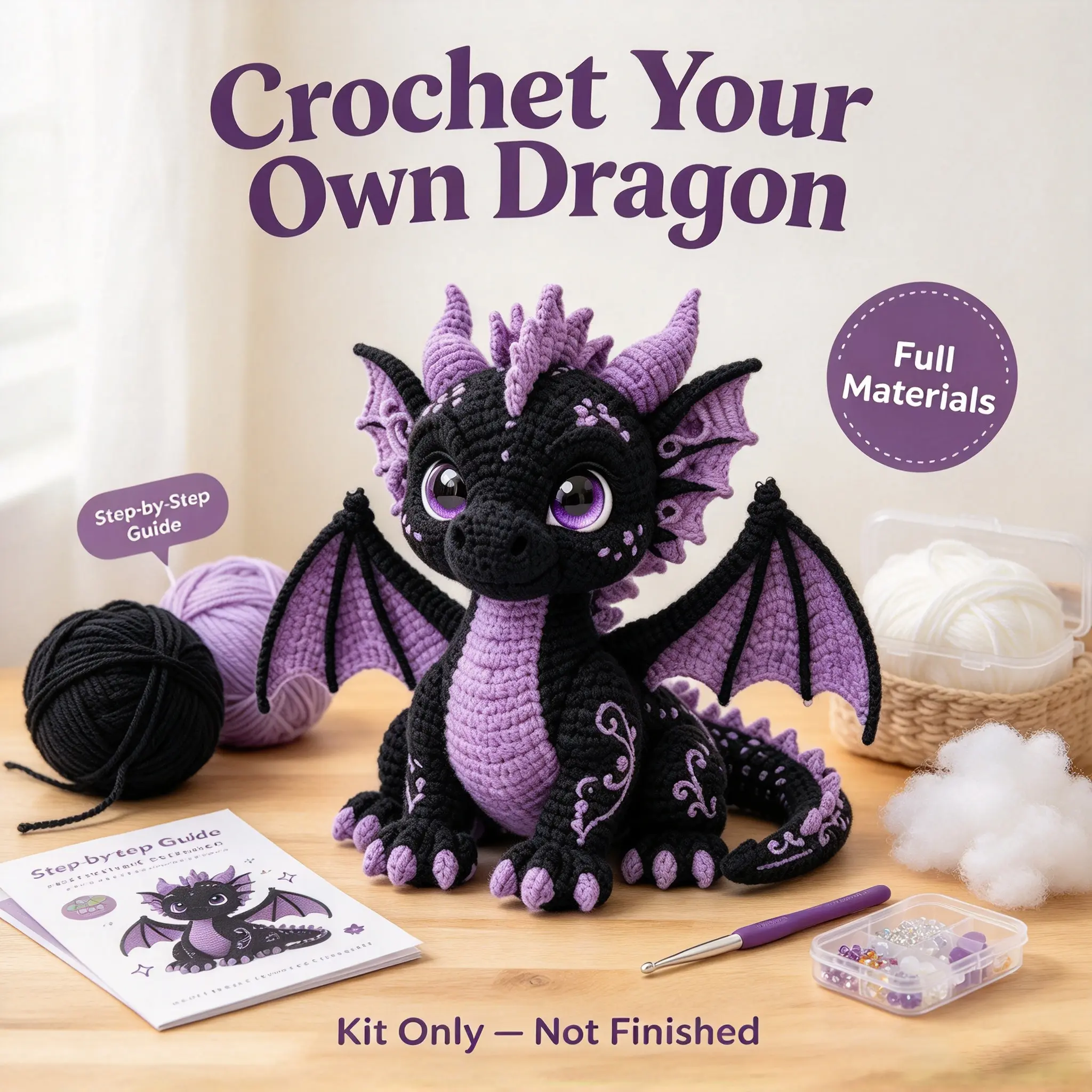 DIY Purple Black Dragon Amigurumi Crochet Kit for Beginners, Amigurumi Craft Supplies, Step-By-Step Video Tutorial, Perfect Gift for Various Holidays