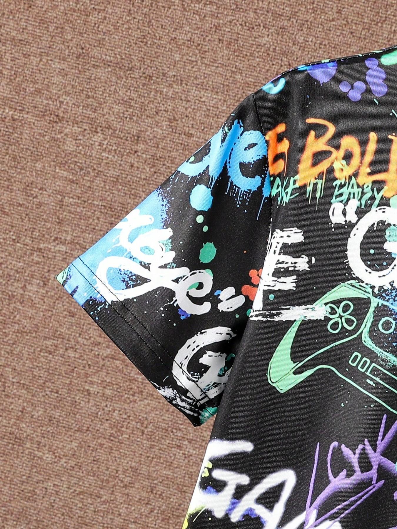 Boys' Cool Trendy Printed Patchwork Solid Color Short Sleeve T-Shirt + Shorts Outfits Set, Casual Home Outdoor Wear, Slim Fit, Summer Clothing Set, Outfit Sets, Clothes Kids
