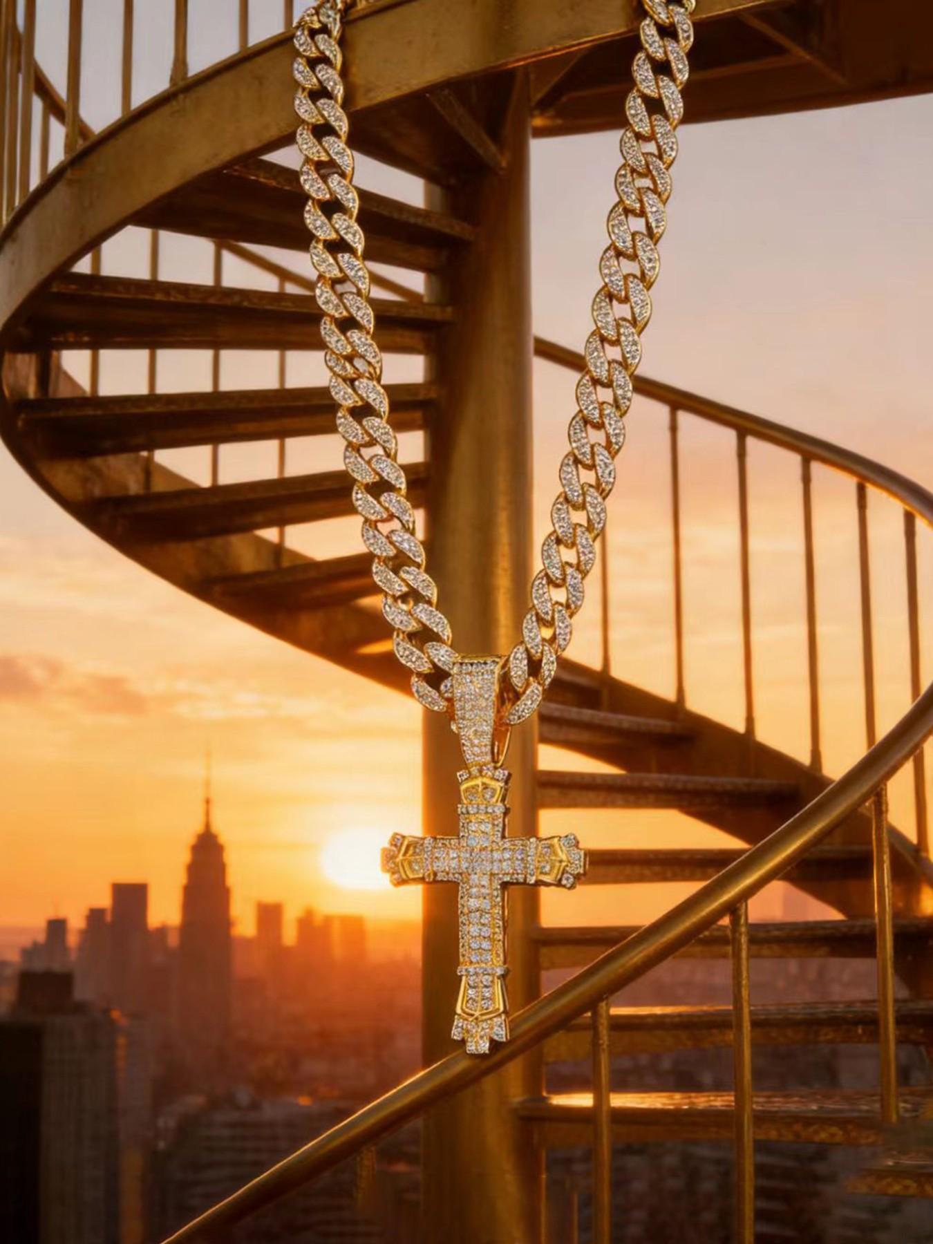 Rhinestone Decorated Cross Pendant Necklace, Cross Necklaces, Cuban Link Chain, Fashion Jewelry for Party, Daily Wear Accessory, Trendy Versatile Jewelry for Birthday Gifts, Fashionable Jewelry Accessories