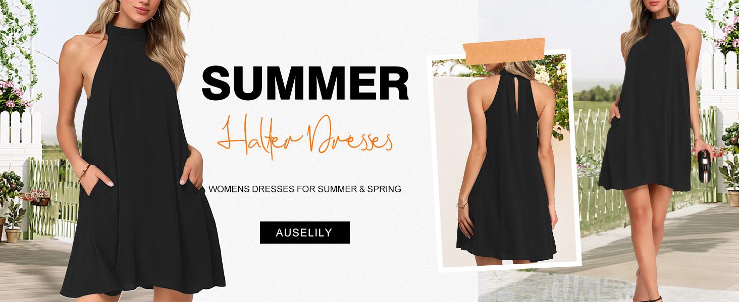 AUSELILY Women's Summer Dress Sleeveless Halter Neck Beach Dress Casual Sundresses with Pockets