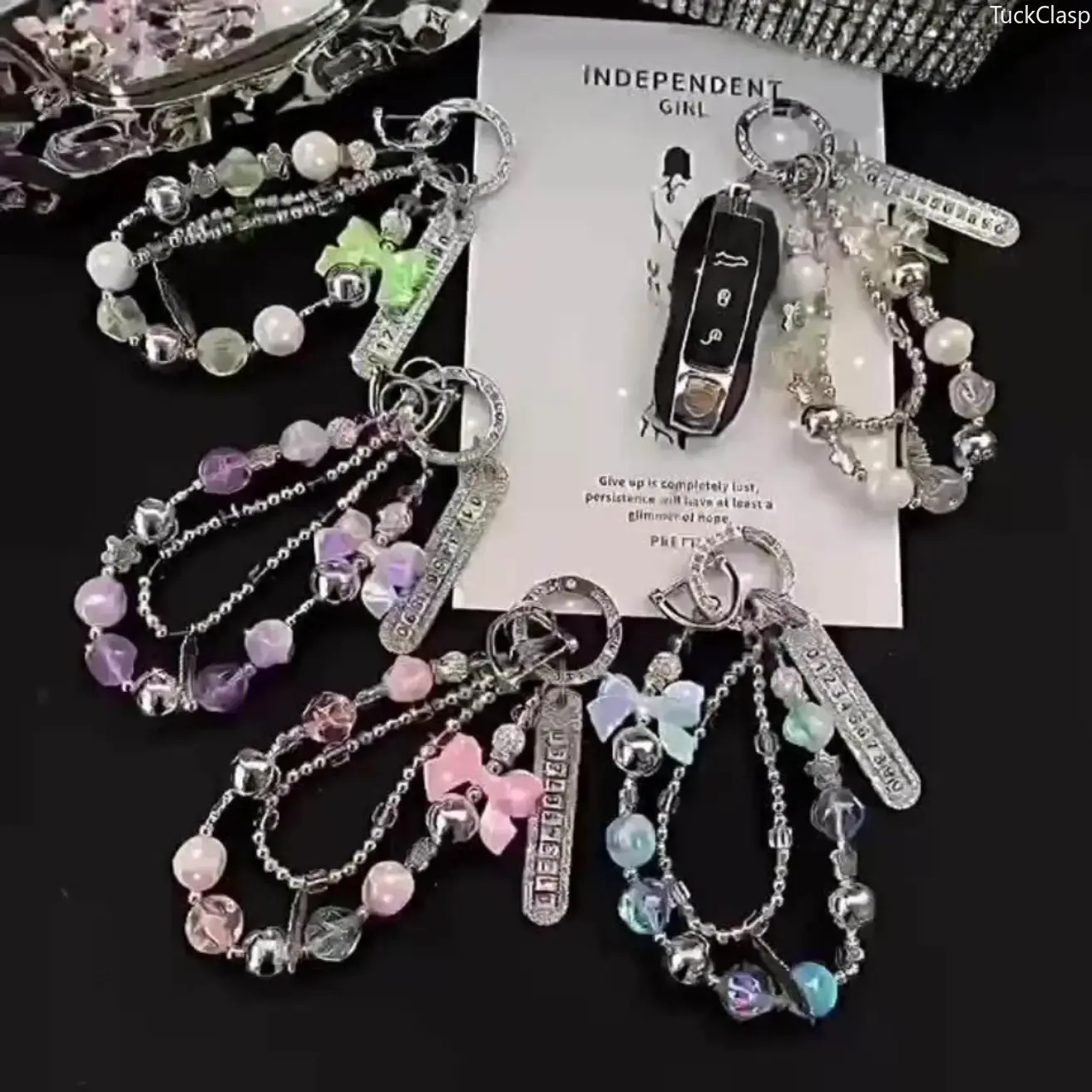 2026 Luxury Beaded Wristlet with Rhinestone Butterfly Charm, White Cell Phone Strap Accessory with Number Plate & Keychain, Decorative Phone Charm for Daily Use, Travel, Outdoor Activities & Gift Giving, Stylish Mobile Phone Accessory