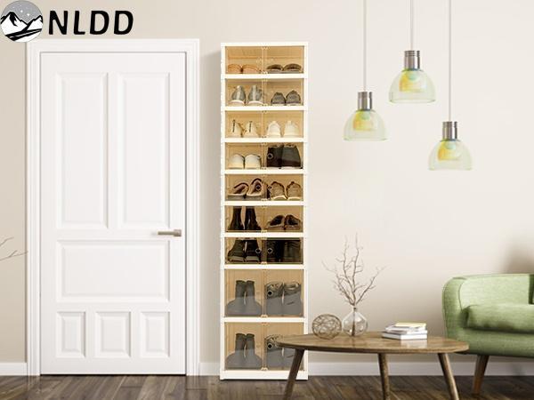 NLDD's 9-Level Clear Shoe Rack Revolution: Collapsible-Expandable Organizer for 18 Pairs, Compact Closet Essential with Transparent Boxes, Wheels Springtok Plastic shoe rack organizer Cabinet Light