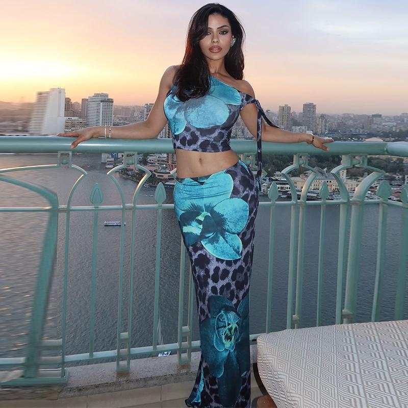 Two-piece Set Women's Floral Print One Shoulder Sleeveless Lace-up Tank Top & Bodycon Skirt, Casual lounge set, Backless Strapless Irregular Neck Crop Top Long Skirts Suits, Party Club Date Holiday Casual Outfits For Ladies Summer Clothes Wear