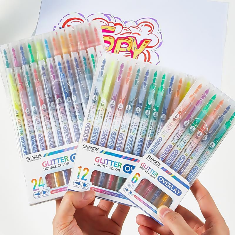 Glitter Highlighter Marker Pen, 6 Counts/set Double Color Highlighter Marker Pen, No Bleed Colors Highlighter Marker Pen for Journaling, Students School Office