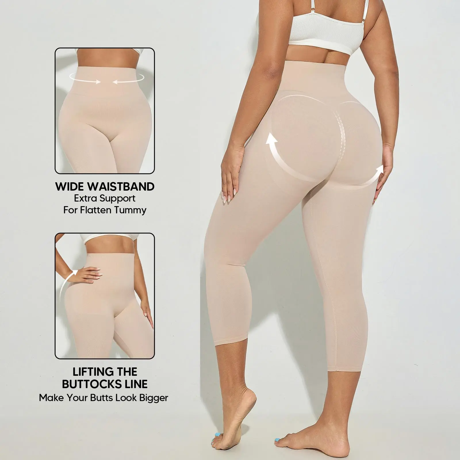 Suprenx Women's Plus Size Seamless Shapewear Capris, Sporty Chic Compression Leggings with Tummy Smoothing and High Elastic Waistband, Foldable, Breathable, 3Xl, Ultra-Stretch, Athleisure Wear, Curve Sculpting, Stay-Put Fit, Abdominal Compression Leg Shap