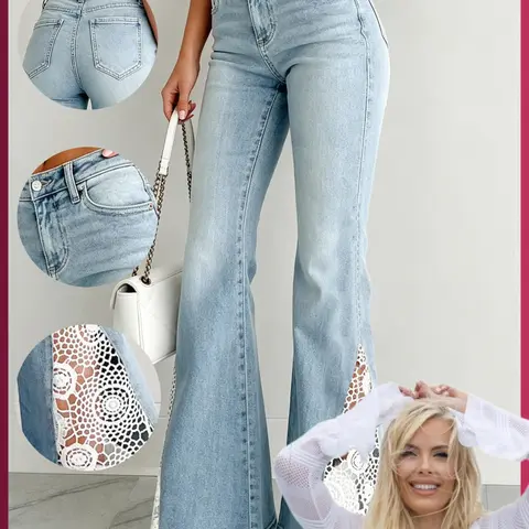 Boho Chic Bohemian Light Blue Lace Patched Flare Jeans, High Waist Stretch Fitted Bell Bottoms, Vintage Washed, Perfect for Music Festivals, Trendy Jeans
