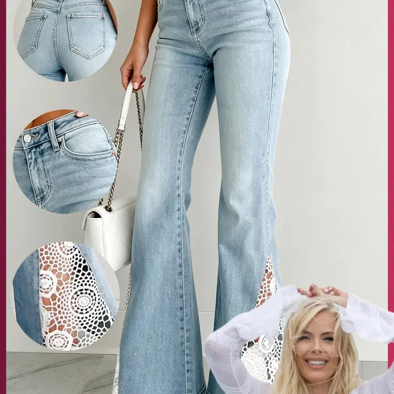 Boho Chic Bohemian Light Blue Lace Patched Flare Jeans, High Waist Stretch Fitted Bell Bottoms, Vintage Washed, Perfect for Music Festivals, Trendy Jeans
