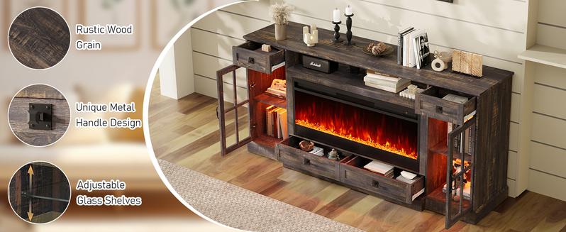 VanAcc Farmhouse Fireplace TV Stand for TVs up to 80", 70 Inch Large TV Stand with Lighting Glass Door Cabinets/Drawers/Adjustable Shelves, Entertainment Center with 43" Electric Fireplace