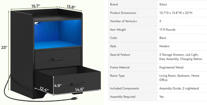 Sikaic 2PCS LED Nightstands with Charging Station and Storage Drawers Black Side Table Dresser Modern Console Table