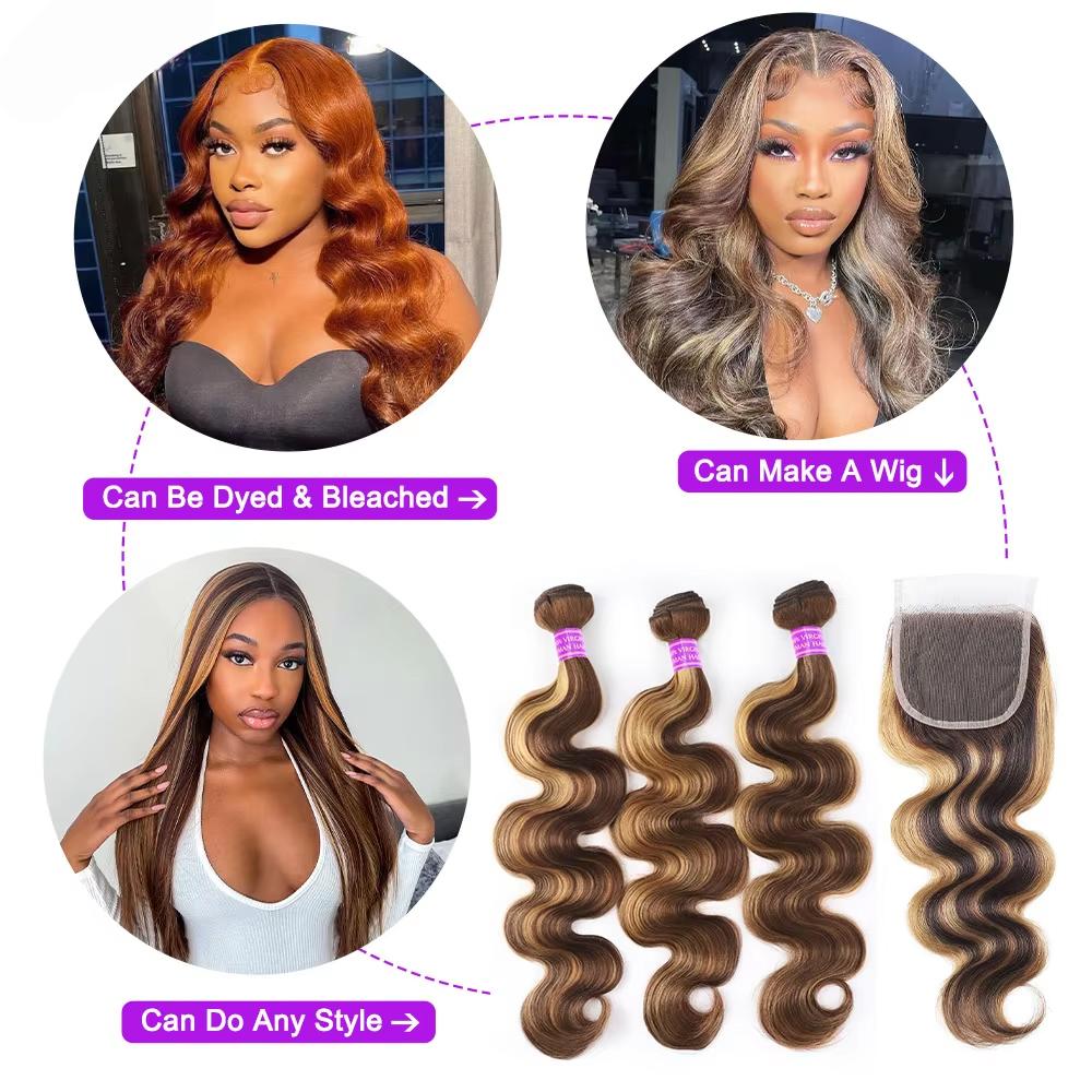 5x5 Lace Closure With Highlight Bundles Honey Blonde Body Wave Bundles With Closure Brown Colored Bundles With Closure