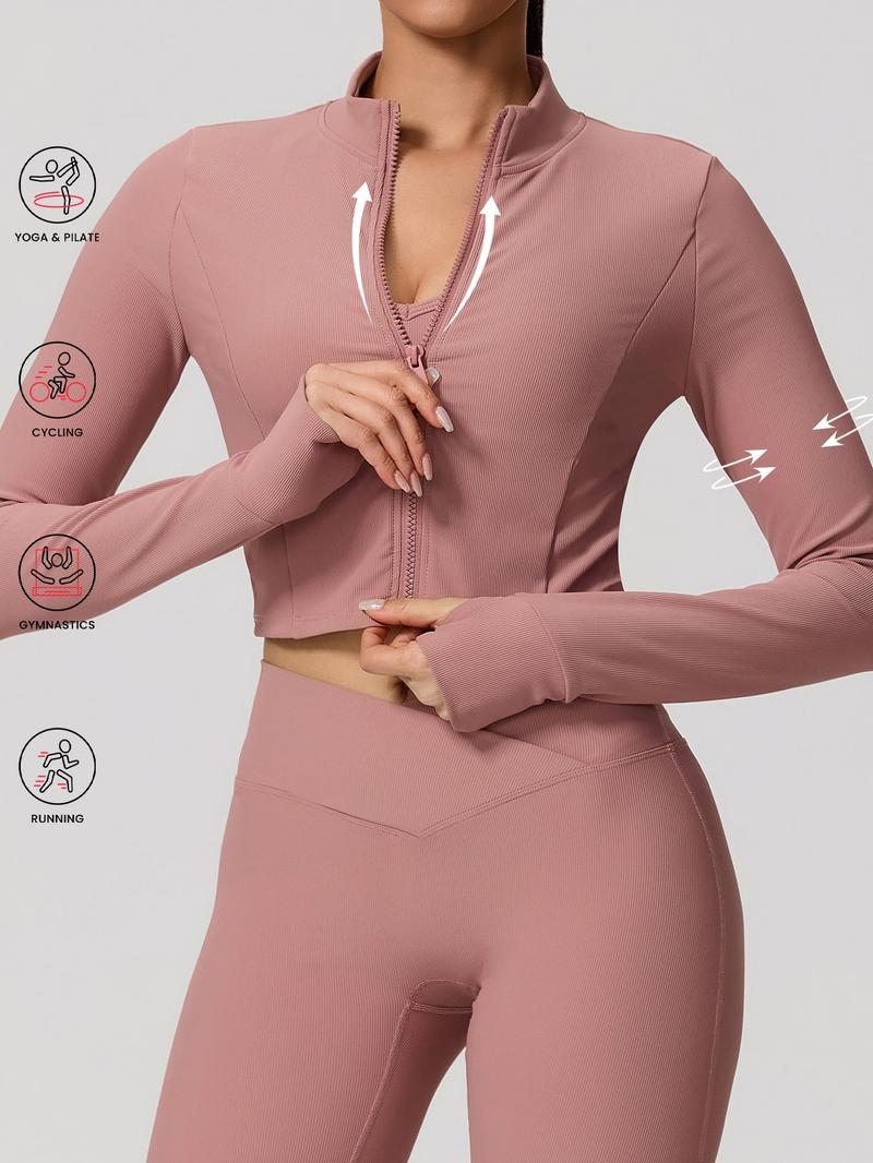 Women's Sporty Zipper Jacket, Long Sleeve Running Gym Yoga Top, High Neck Thumb Loop Cuffs, Quick Dry Polyester Spandex Fabric, Athletic Jackets