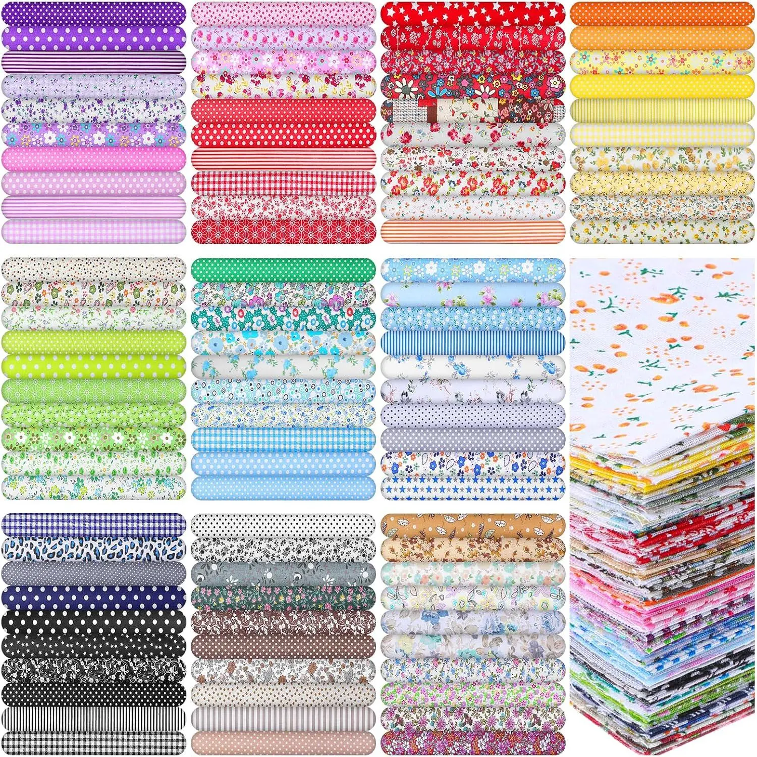 100Pcs 10 x 10 Inch Precut Cotton Fabric Squares, Floral Patchwork Quilting Fabric Bundle, Fat Layer Fabric for DIY Sewing Crafts & Beginners Handmade Projects
