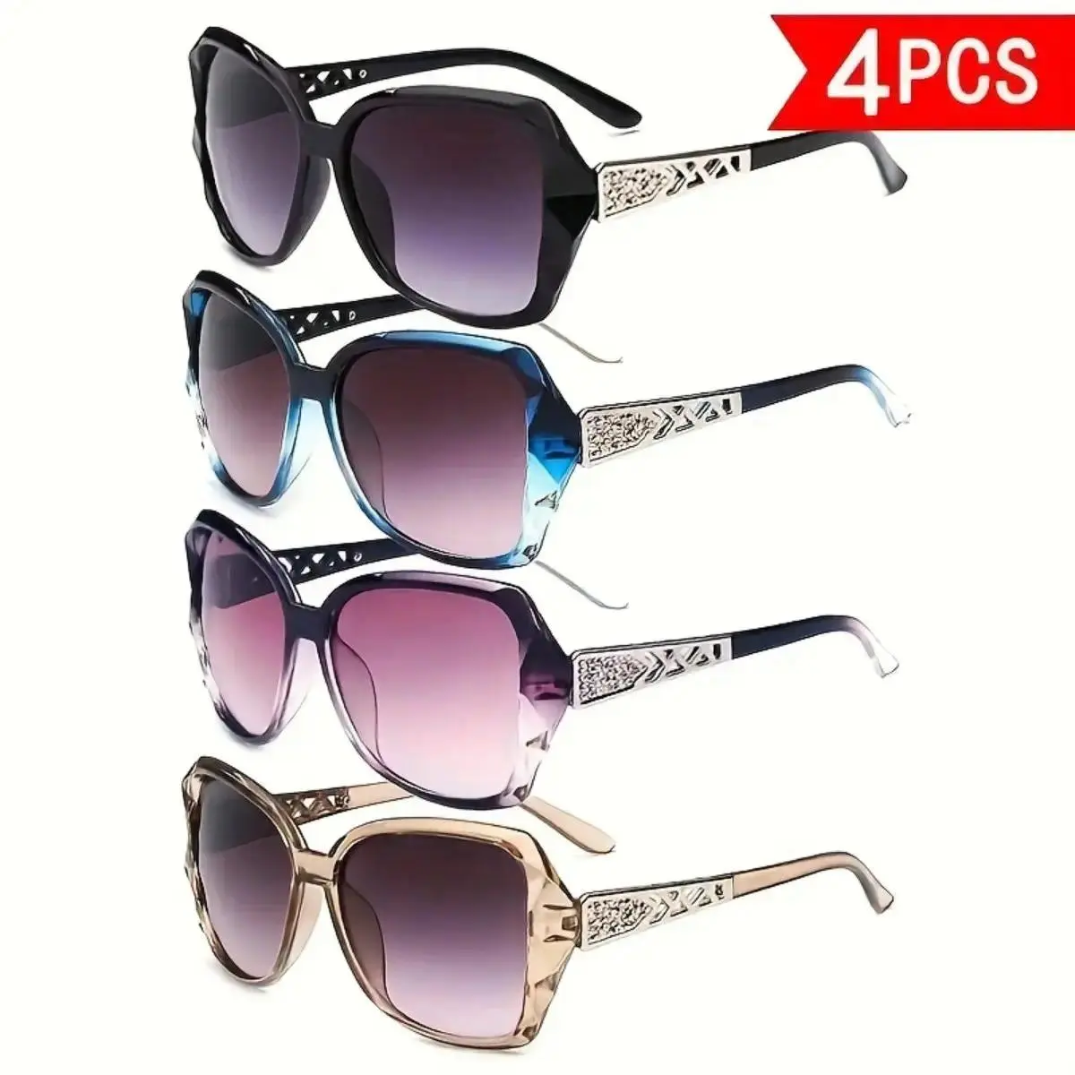 Women's 4-Piece Oversized Summer Sun Protection Sunglasses Set Y2K Classic Retro Elegant Hollow-Temple Design Large Frames Polarized Wrap Around Aviatorglasses Cool Toned Shades, Women's Sunglasses