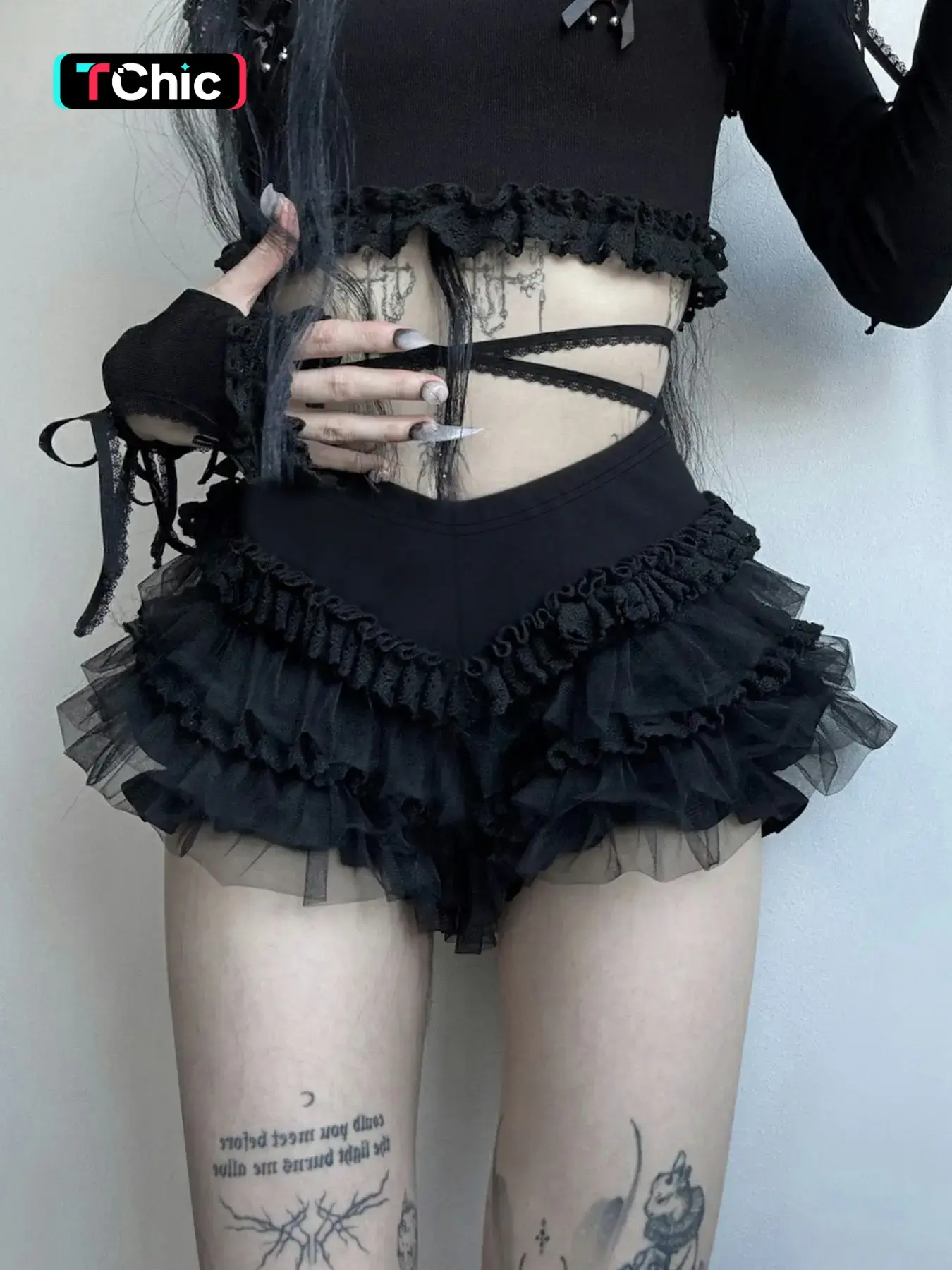 Gothic Dark Lolita Mesh Lace Layered Ruffled Mini Shorts for Women, Cosplayers, Costumes, Womenswear, Clothes, Trendy Summer Street Style, Slim-Fitting Fashion Bottoms