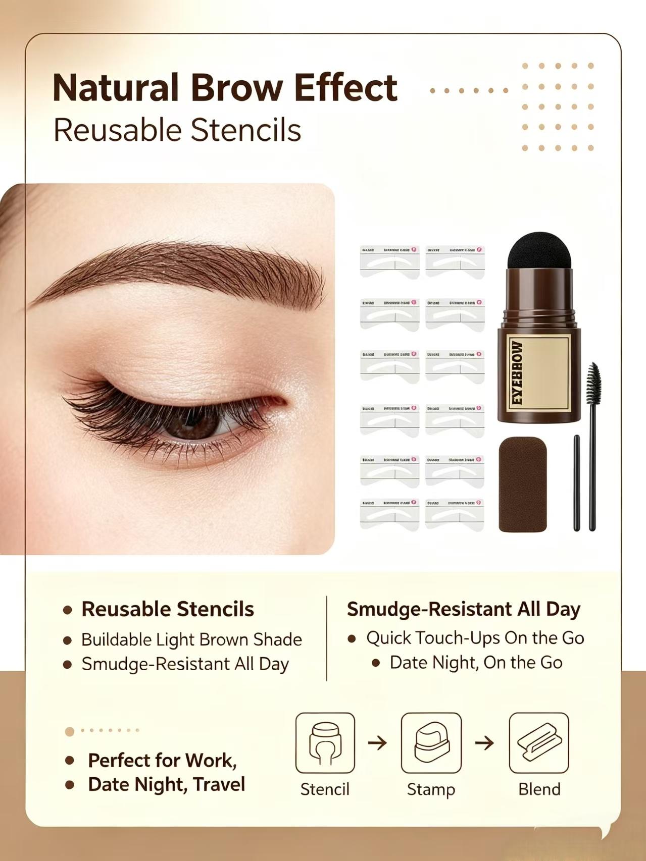 1-Step Daily Eyebrow Stamping Single Unit Kit with Temporary Powder Stick - Waterproof, Sweat-Resistant, Long-Lasting for Brow Design, Contour Makeup (Beauty & Personal Care Eyebrow Product)