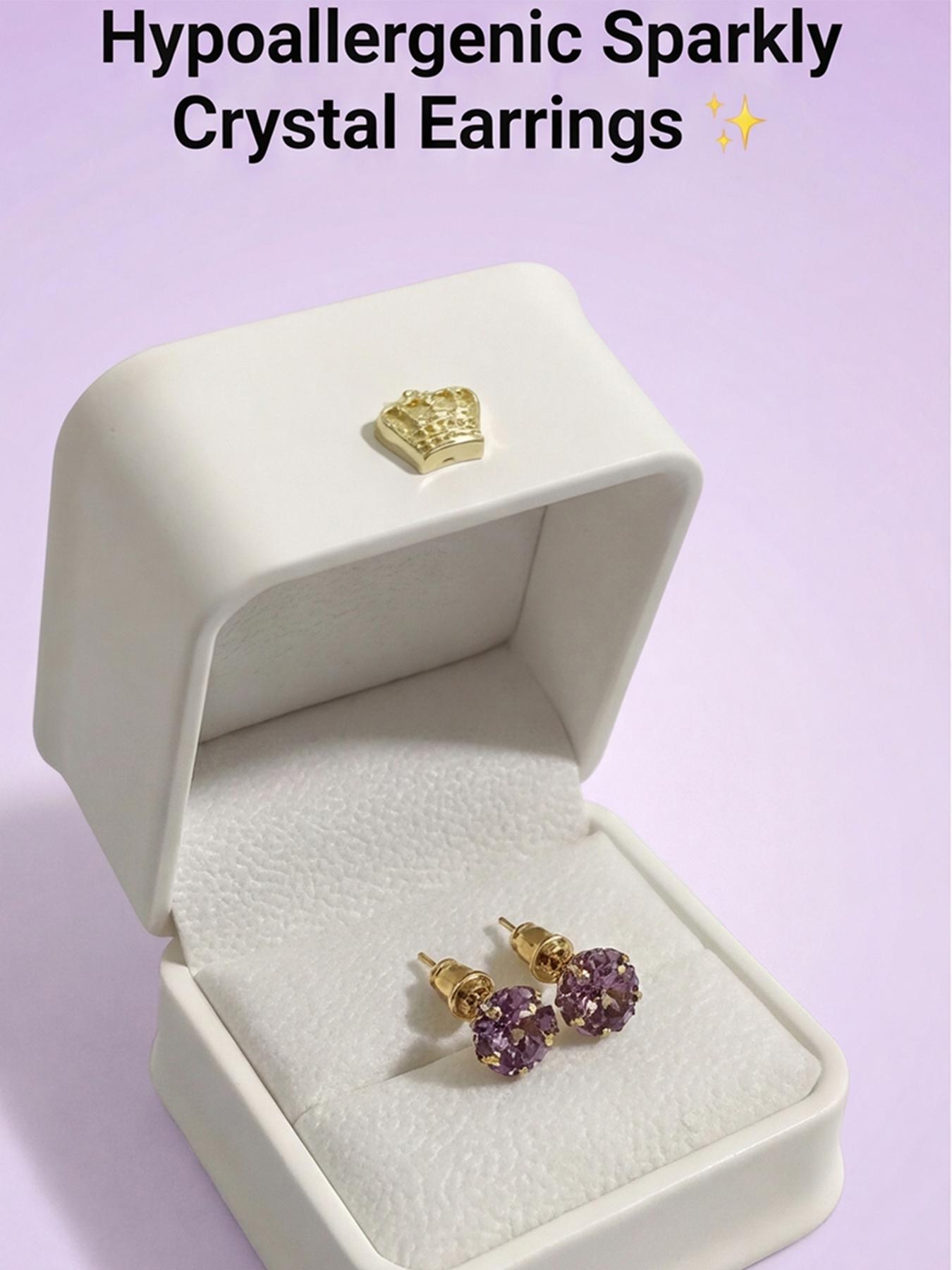 Women's Hypoallergenic Sparkly Purple Crystal Stud Earrings, Lightweight Titanium Steel Gold Tone Fashion Jewellery for Everyday Wear Gift