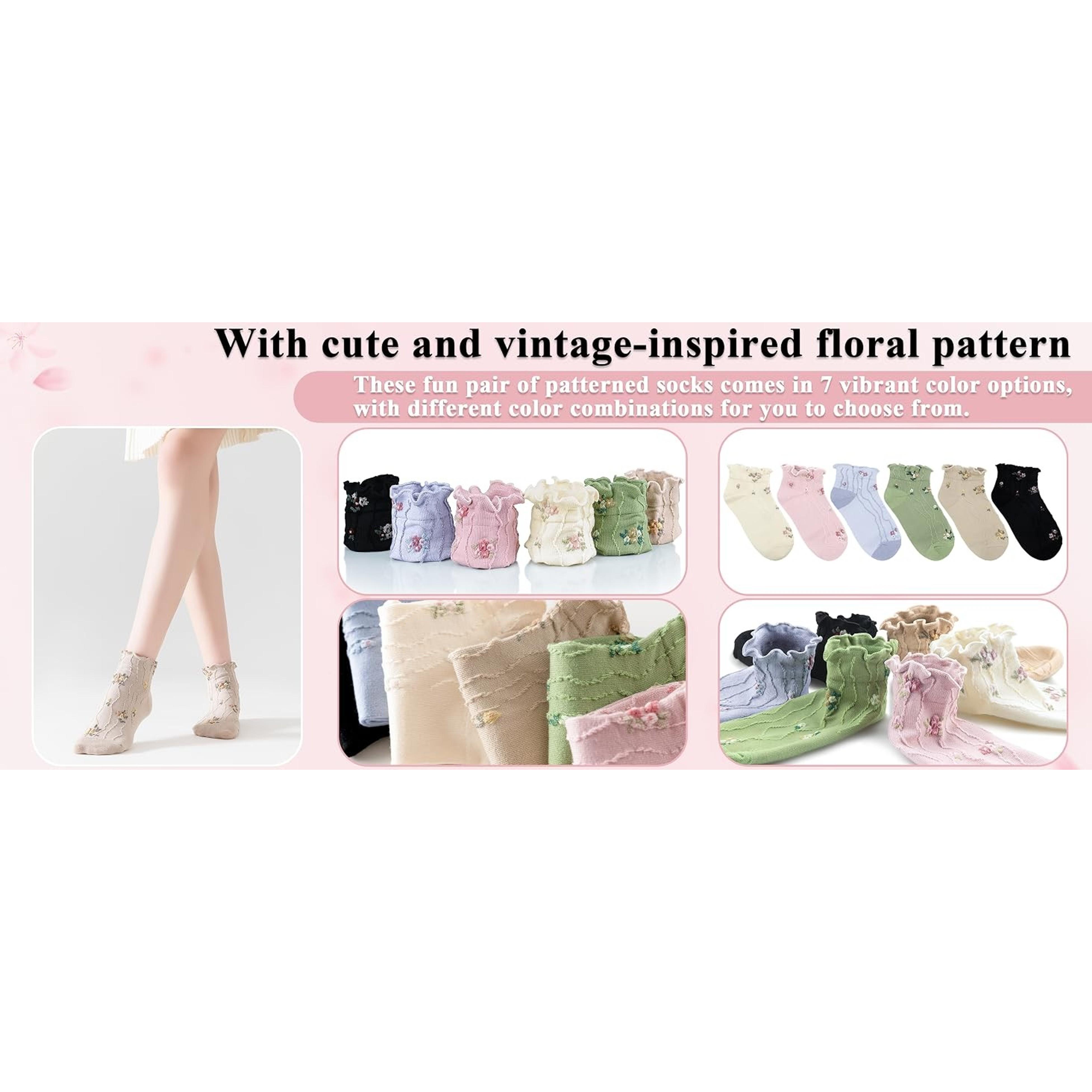 Women's Ruffle Ankle Socks, Vintage Patterned Short Casual Dress Socks, Cute Princess Lettuce Floral 6 Pack(Gift)