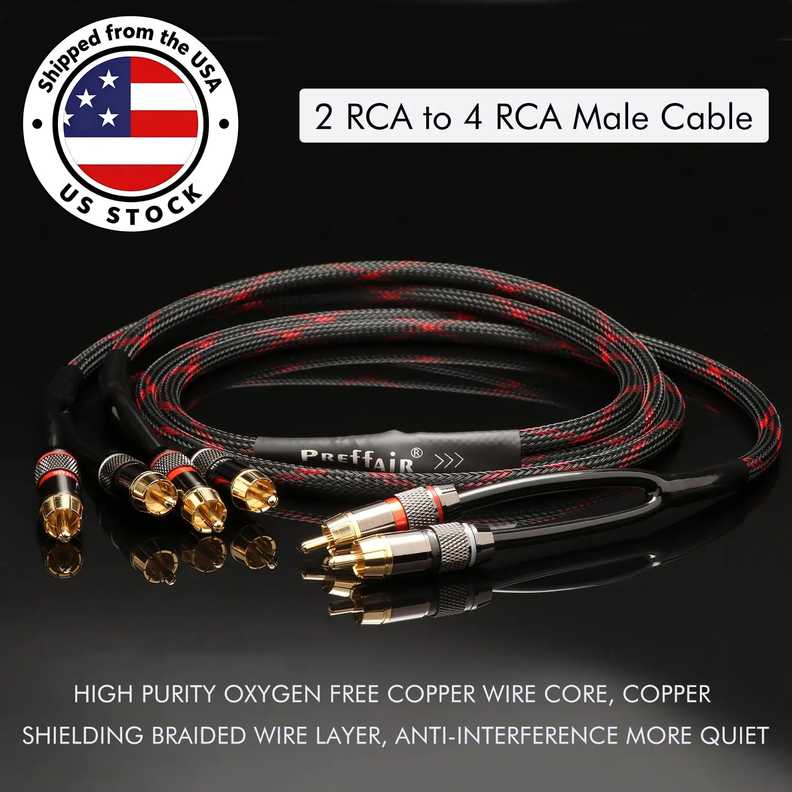 Gold-Plated HIFI RCA Stereo Splitter Cable Adapter - 2-Male to 4-Male RCA Plug Audio Extension Wire, Audio & Video Accessories, Stereo Splitter Adapters & Cables
