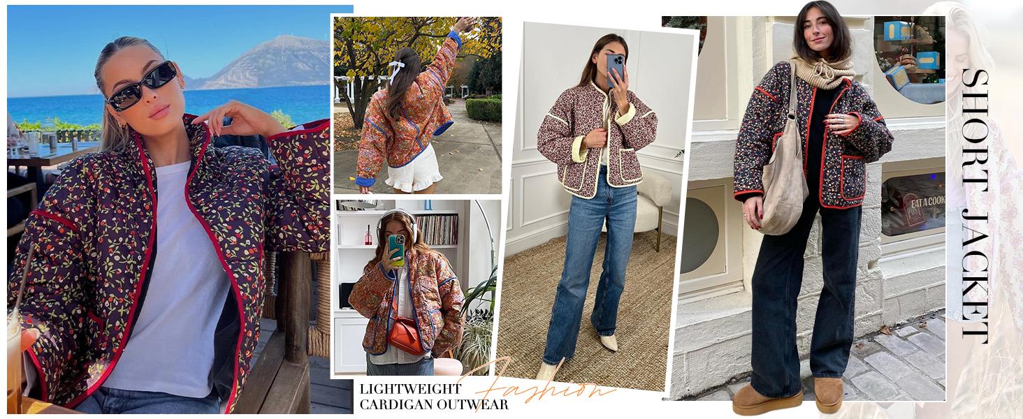 Yimoon Women's Cropped Puffer Jacket Lightweight Floral Print Long Sleeve Padded Quilted Puffy Cardigan Coat