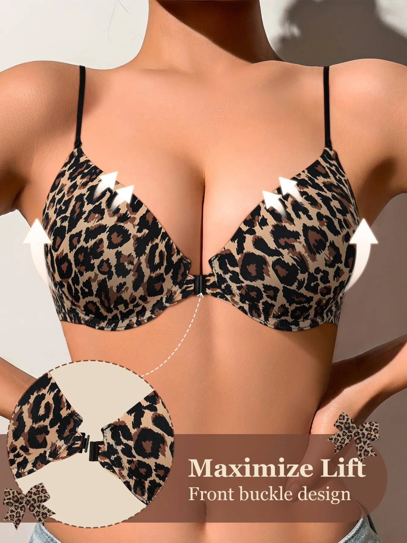 Women Leopard Print Front Closure Bra, Adjustable Thin Straps Spaghetti Strap Crisscross Hollow Back, Push-Up Lift Stay Put, Comfortable For Backless Daily Outfits, Backless Bras