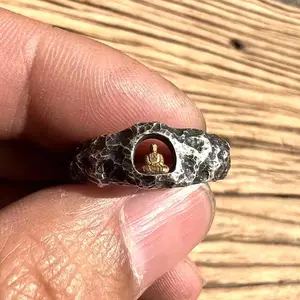 Handmade Buddha Ring Adjustable Size for Men Women Retro Grotto Rock Texture Buddhist Jewelry Hand Forged Spiritual Healing Gift