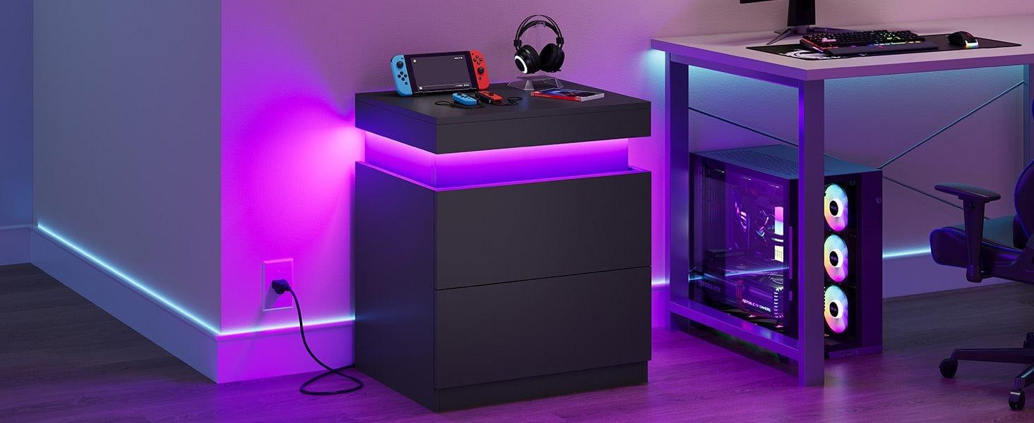 Sikaic Nightstand with Sliding Top and 2 Drawers Modern Bedside Table with LED Lights and Charging Station