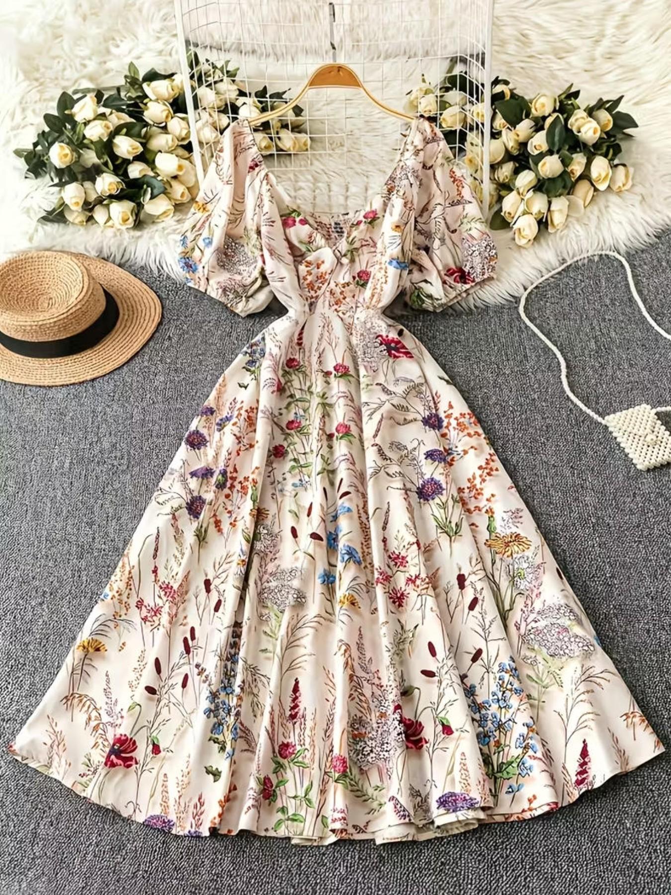 Elegant Floral Dress with Square Neck Design, Bow Back Belt, Casual Vacation Wear, Spring Summer Fall Fashion, Loose Comfortable Skirt