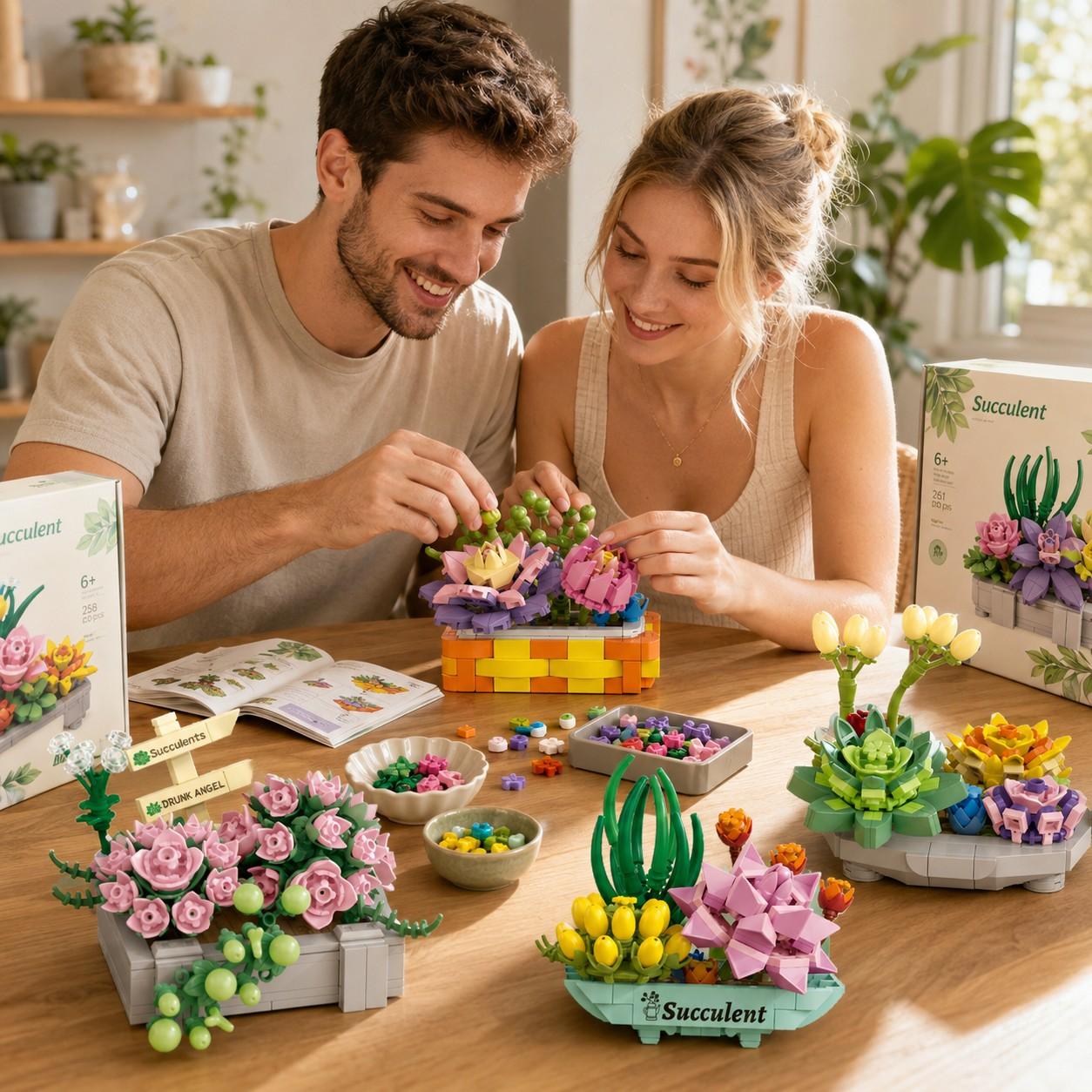 4 PC Micro Building Blocks Succulent Collection, Building Block Flowers, Floral Display Style, Four Decorative Plant Designs with Vivid Colors and Mini Pieces, Relaxing DIY Toy for Home Office Shelf Decor, Christmas Gift, Collectible Model