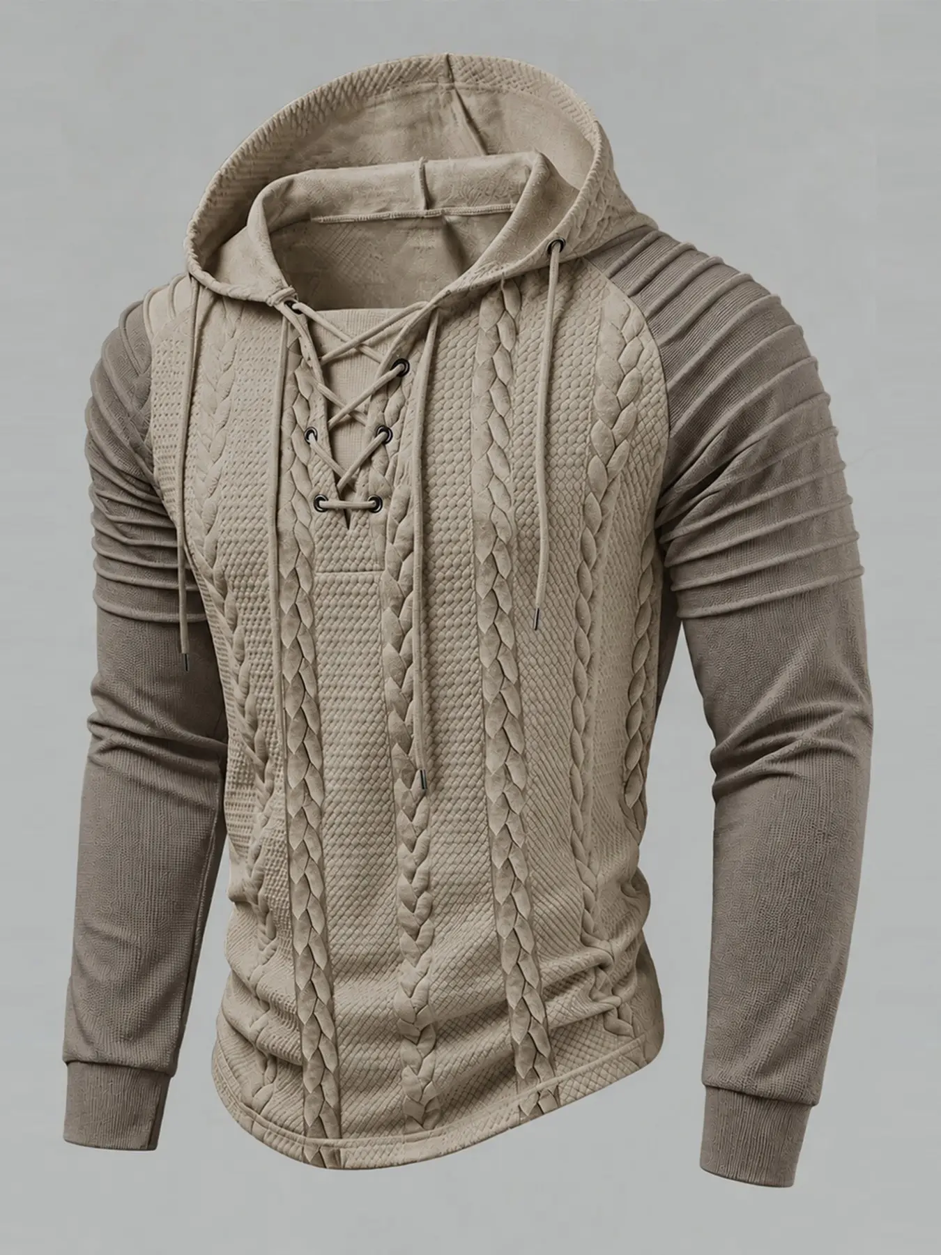 Men's Textured Jacquard Fabric Casual Hoodie, Sweatshirts, Cross Lace-up Front Design, Streetwear Top for Autumn & Winter
