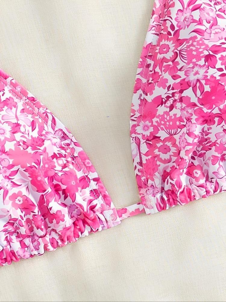 Women's Floral Bikini Set with Adjustable Straps, Sexy Vacation Beachwear, Printed Halter Neck Swimsuit, Spring Summer 2026 Fashion, Floral Print Swimsuits