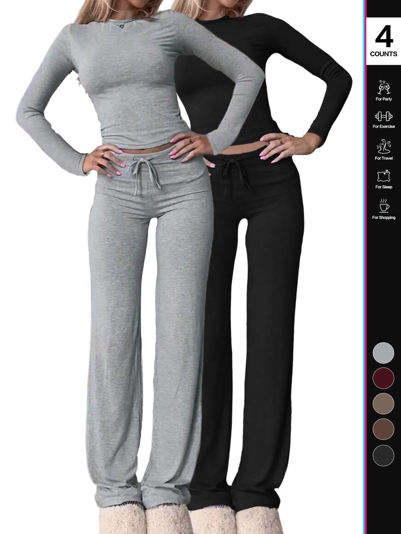 2026 Two Pieces Fall Women Clothes Y2K Sporty Casual Home Solid Color Fitted Long-Sleeved T-Shirt And Long Pants Set