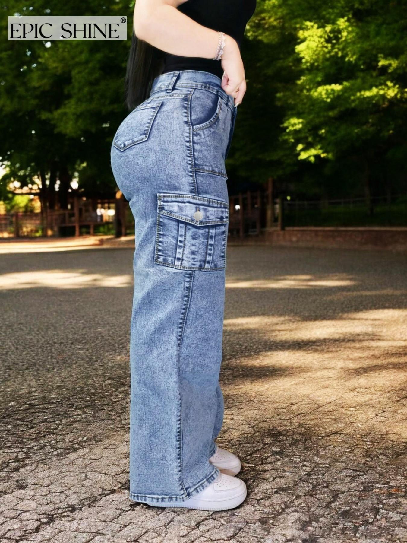 Women's High-Waisted Elastic Cargo Pocket Pants, Wide Leg Denim Jeans, Butt Lifting Urban Style, Comfortable Fit, Fashion Casual Long Jeans