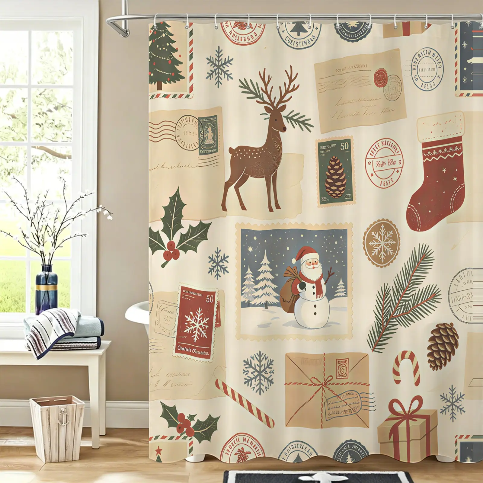Multi Style Vintage Christmas Collage Elk Santa Snowman All Over Print Shower Curtain With 12 Hooks, Waterproof Washable Fabric, Suitable For Home Bathroom Dorm Hotel Decor Partition Curtain