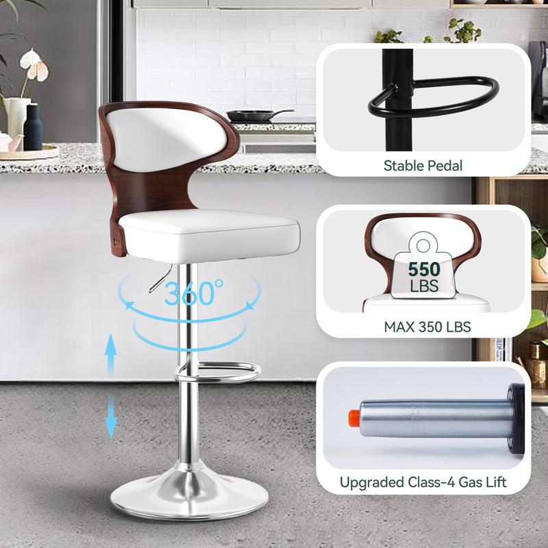 【Deals For You Days】Bar Stools Set of 1/2 ， Adjustable Height 24.5-33.5IN - Bentwood Swivel Barstools with Back & Footrest - PU Leather Upholstered Bar Chair for Bar, Kitchen, Dining Room